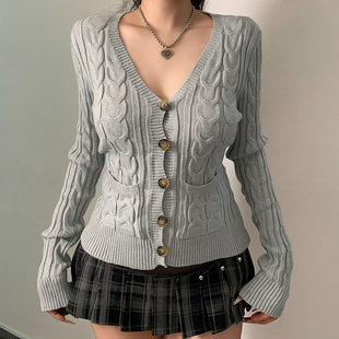 FabGirls 慵懒风口袋拼接排扣麻花毛织外套 复古百搭显瘦开衫上衣