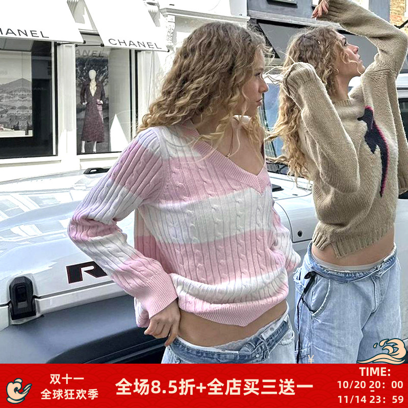 FabGirls 少女粉条纹拼色麻花纹理套头毛衣 复古百搭显瘦毛织上衣