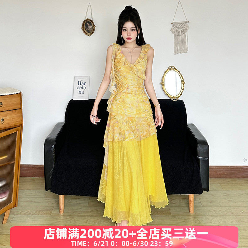 田园少女柠檬黄碎花网纱长裙套装