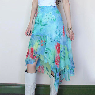 FabGirls 春日浅滩花卉印花不规则低腰半身裙 小众百搭显瘦中长裙