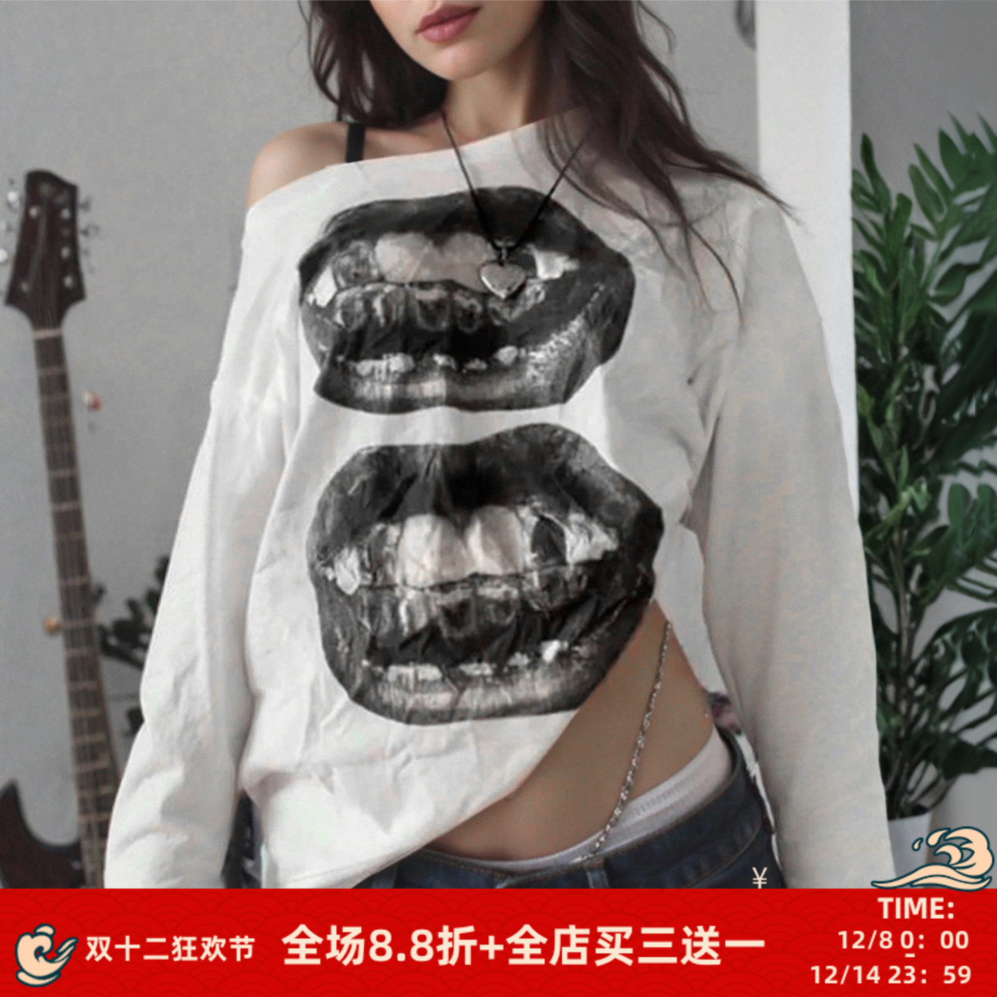 哥特俱乐部嘴唇印花斜肩长袖T恤