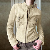 FabGirls 复古显瘦夹克上衣 风口袋拼接拉链立领牛仔外套 美式 工装