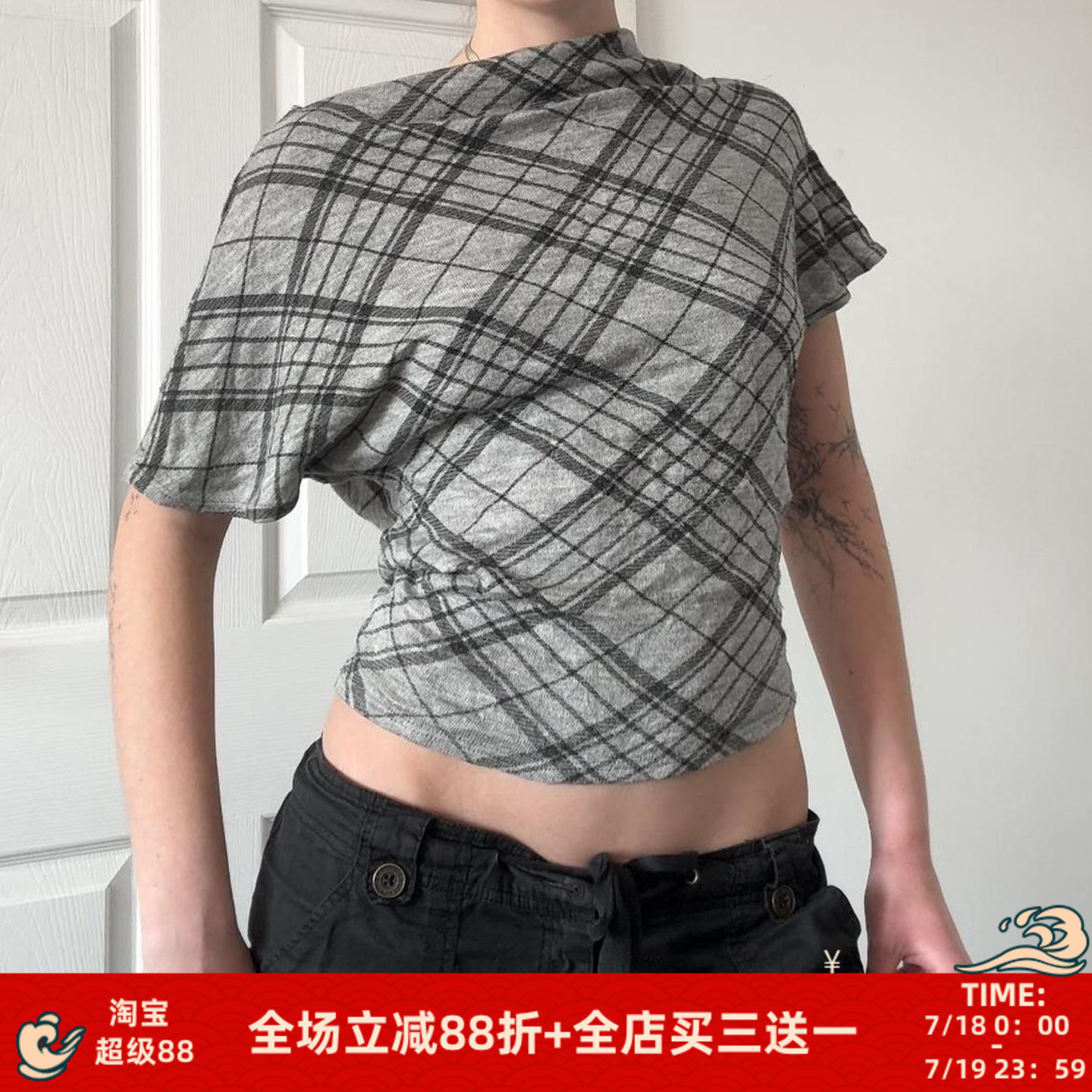 美式复古格纹拼色斜肩短袖T恤