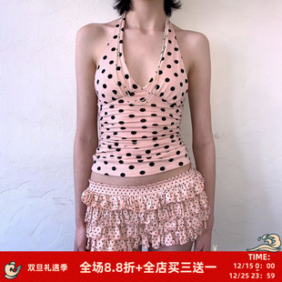 FabGirls 辣妹百搭显瘦外穿短上衣 夏日少女波点印花v领挂脖背心