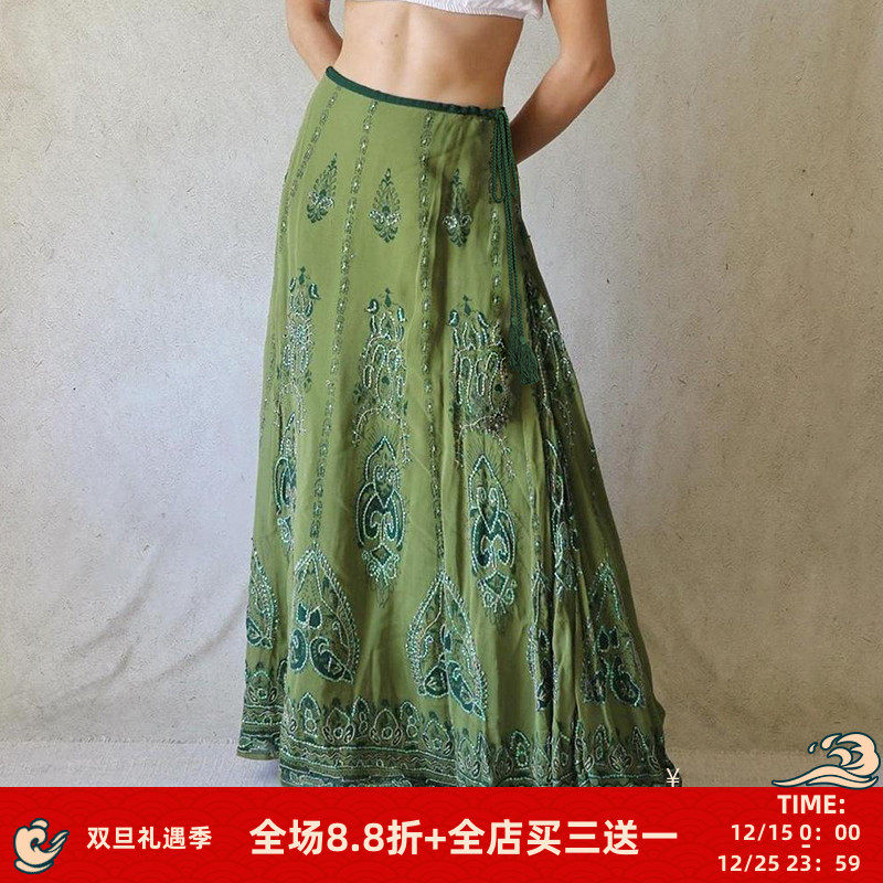 FabGirls 尼泊尔森系古着麻花绑带低腰半身裙 复古百搭显瘦直筒裙