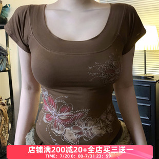 FabGirls 复古百搭显瘦上衣 古早少女花卉印花一字肩两穿短袖 T恤