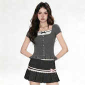 FabGirls 日系假两件波点领口拼接排扣花边毛织灰色短袖 百搭上衣