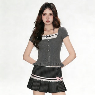 FabGirls 日系假两件波点领口拼接排扣花边毛织灰色短袖 百搭上衣