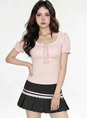 FabGirls 法式少女蕾丝拼接撞色蝴蝶结短袖T恤 百搭甜美显瘦上衣