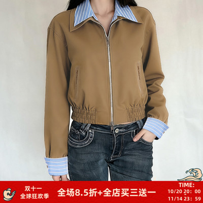 老钱风条纹假两件撞色拼接外套