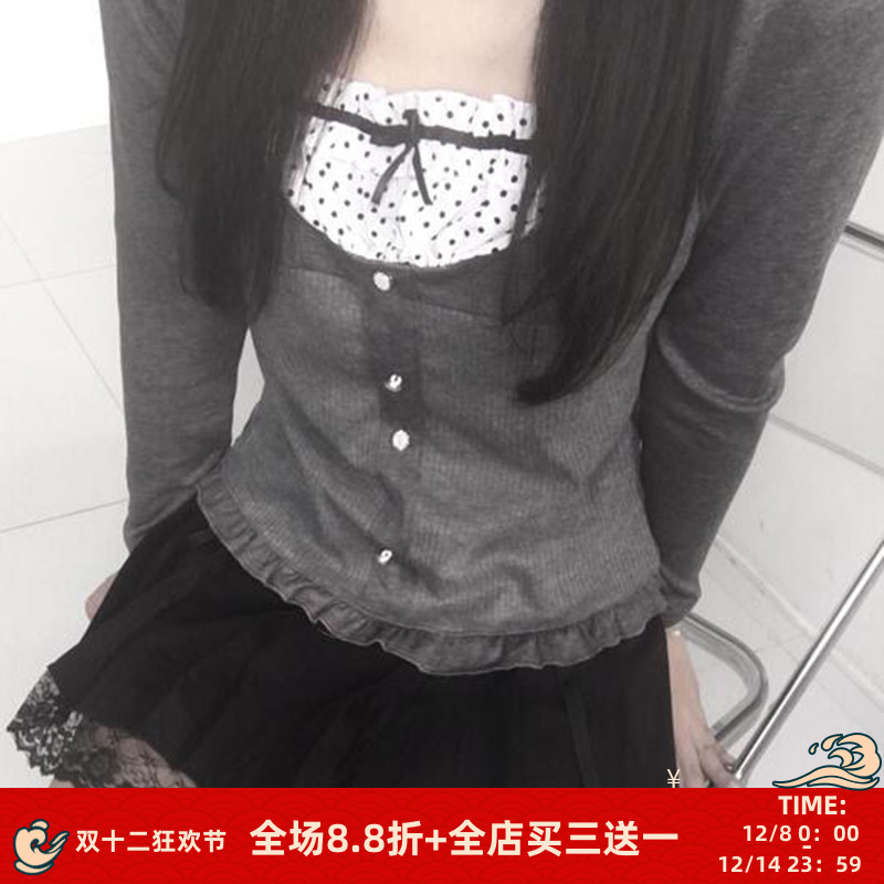 日系假两件波点T恤百搭显瘦上衣