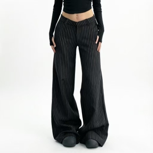 辣妹百搭显瘦休闲长裤 裤 职场通勤条纹撞色v型低腰西装 FabGirls