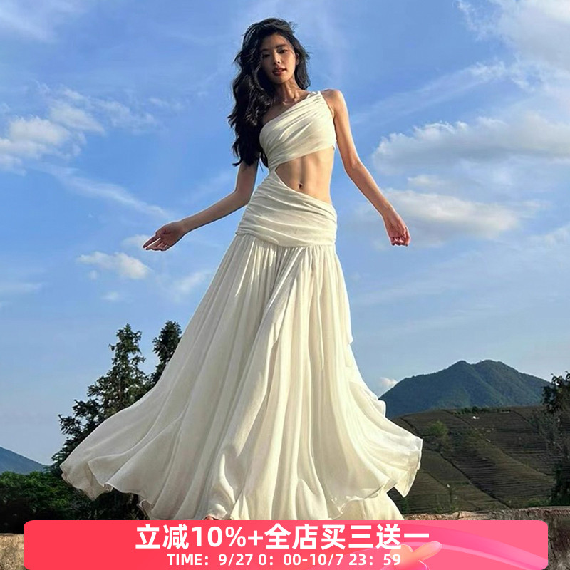 古希腊女神镂空不规则斜肩连衣裙