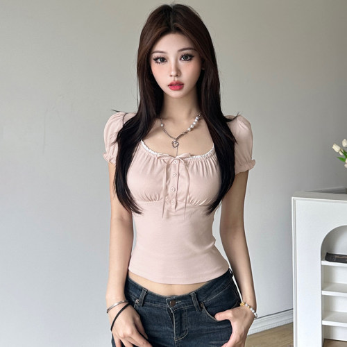法式少女蕾丝拼接撞色蝴蝶结T恤