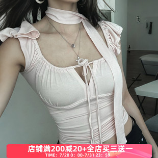 小众百搭显瘦上衣 FabGirls 法式 甜美花边拼接镂空绑带小飞袖 T恤