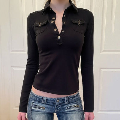 美式工装风口袋拼接排扣长袖T恤