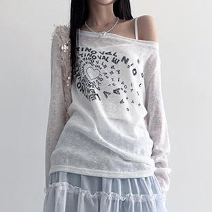 FabGirls 随意调调个性印花轻薄斜肩长袖T恤 慵懒百搭罩衫防晒衣