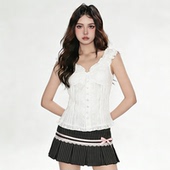 FabGirls T恤 法式 复古钩花宫廷领排扣泡泡袖 短袖 修身 显瘦上衣