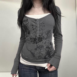 FabGirls 古早轻亚风假两件撞色长袖T恤 小众百搭显瘦打底上衣