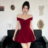 FabGirls 在逃公主蝴蝶结拼接翻边一字肩连衣裙 复古显瘦圣诞短裙