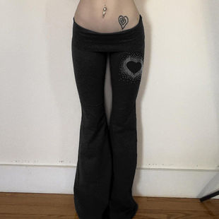 FabGirls 千禧复古爱心烫钻拼接低腰微喇裤 辣妹百搭显瘦直筒长裤