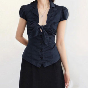FabGirls 法式宫宴蝴蝶结系带排扣收腰短袖衬衫 复古百搭显瘦上衣