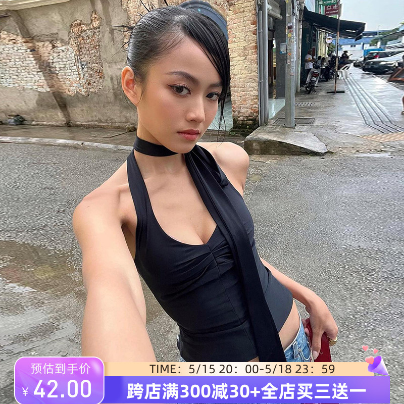 FabGirls 欧美街头基础褶皱V领挂脖背心 辣妹百搭显瘦围脖短上衣