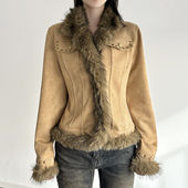 复古百搭显瘦开衫 FabGirls 嬉皮废土排扣拼接铆钉毛毛外套 上衣秋