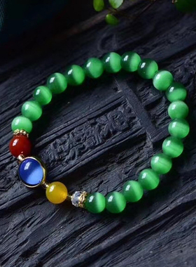 天然单圈手串绿色猫眼石