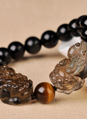 天然冰种黑曜石貔貅手