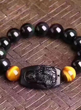 天然黑曜石守护神生肖兔手串