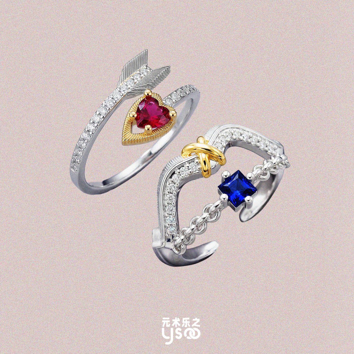 小众设计蓝宝石方钻弓箭戒指欧美个性小众叠戴红宝石开口戒