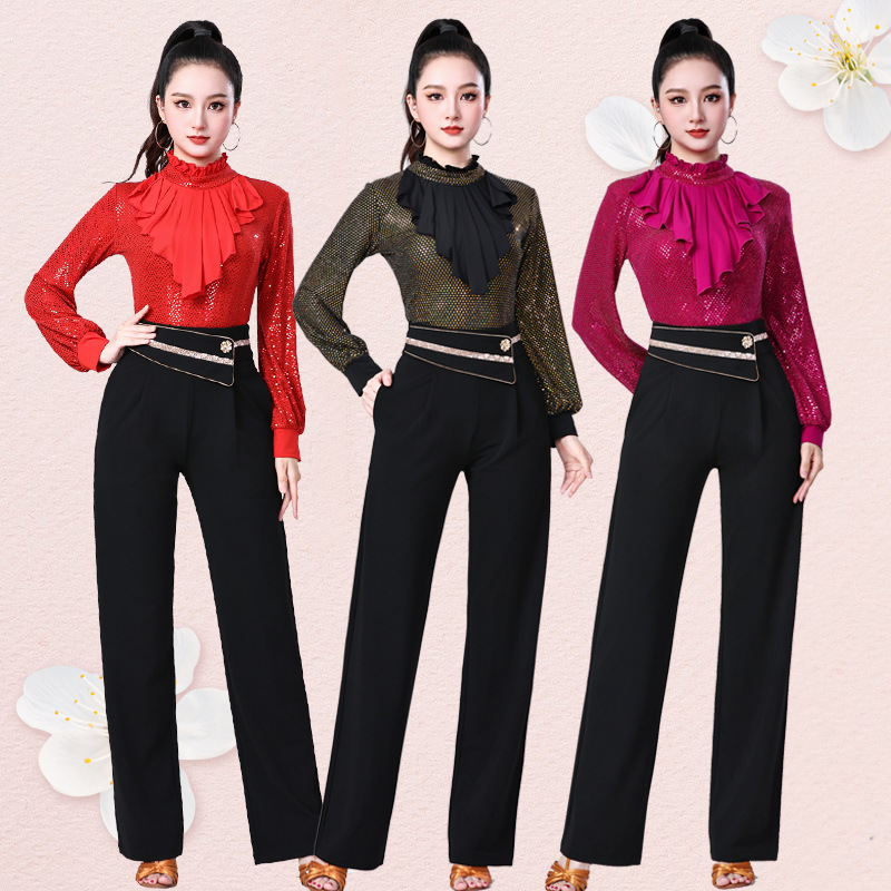 新款花边亮片长袖广场舞上衣女弹力显瘦吉特巴水兵交谊百搭跳舞衣