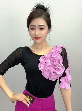 新款跳舞衣连档女圆领大花绕臂摩登舞上装广场舞吉特巴弹力小衫夏