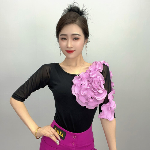 圆领大花中袖弹力小衫跳舞衣