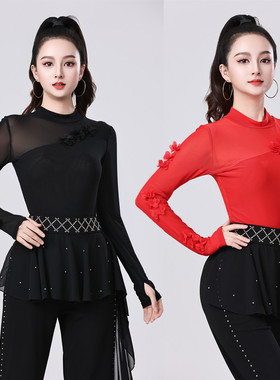 新款连档跳舞衣女半高领长袖套手指立体花朵打底衫弹力广场舞蹈服