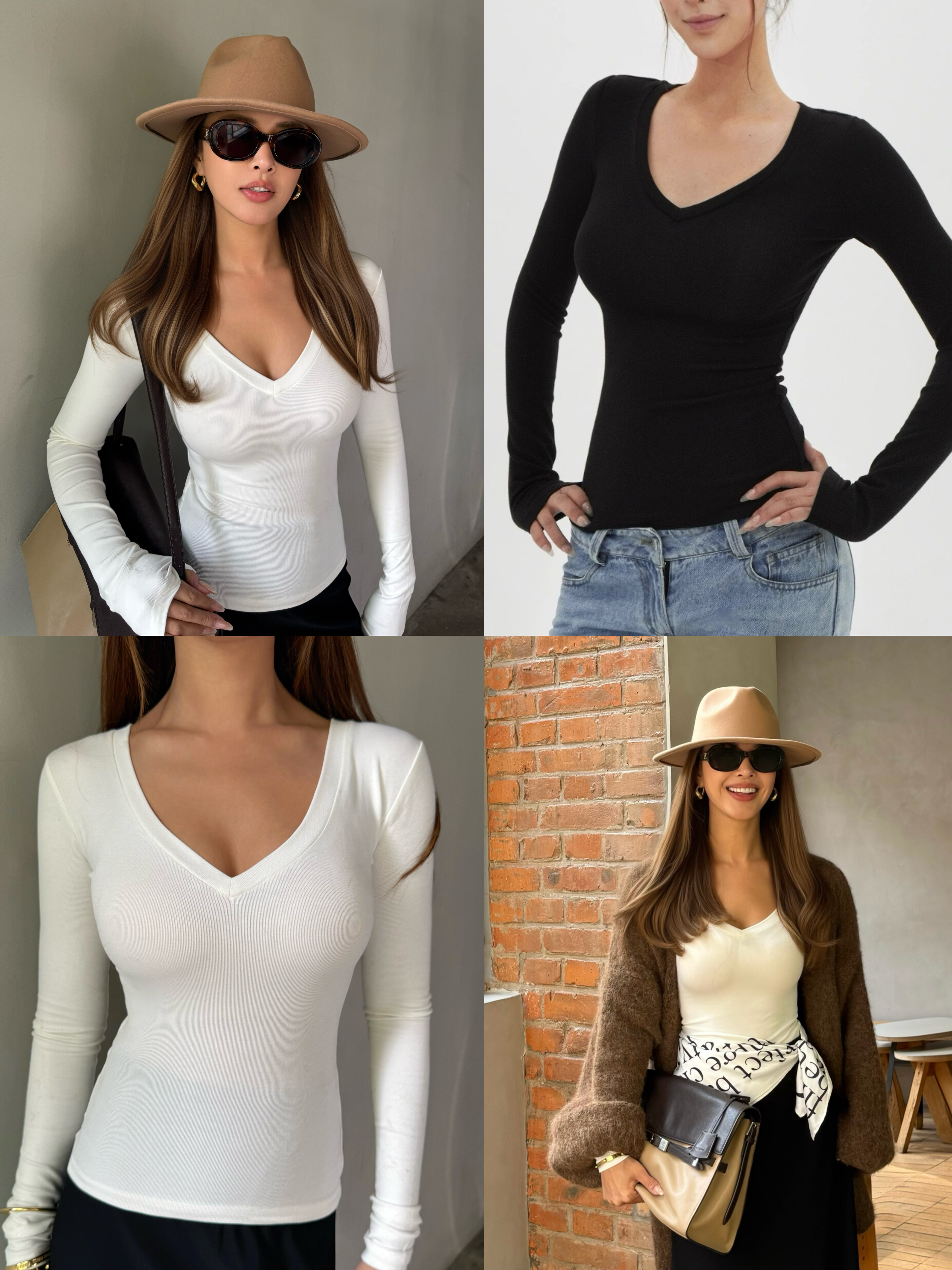 OHOCEAN  舒适亲肤 卡戴珊skims同款  美式辣妹V领修身正肩打底