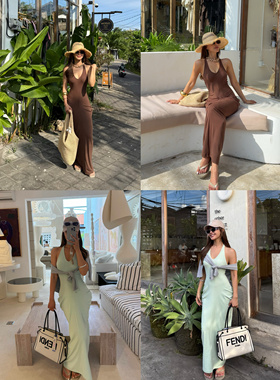 OHOCEAN 高版本女神 咖啡薄荷收腰丰垮连衣裙