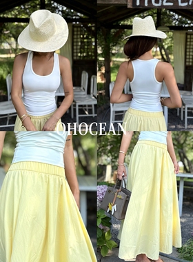 OHOCEAN 莫奈花园 纯棉高弹不透方领工字背心 黄色半身裙