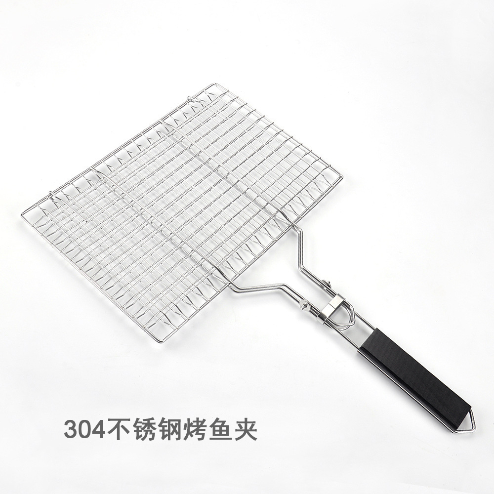 304不锈钢烤鱼夹家用烤肉网带把手烤鸡架蔬菜拍子不锈钢烧烤网