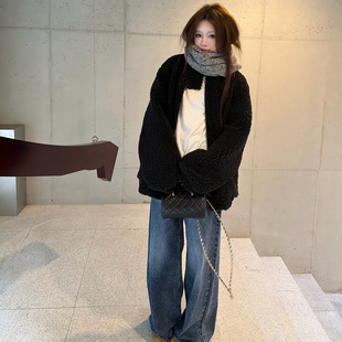 休闲保暖毛毛上衣 新款 Avocadong 糯唧唧黑色宽松羊羔毛外套女冬季