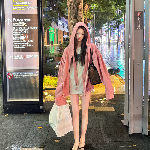 Avocadong 干枯玫瑰粉亚麻休闲连帽长袖衬衫上衣女直筒休闲裤套装