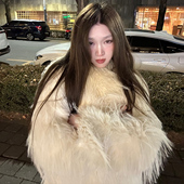 时尚 Avocadong 山茶花两色欲欲长毛宽松仿皮草外套冬季 毛毛外套