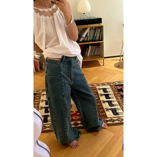 Avocadong 2023秋款宽松牛仔裤软软拼接不规则腰高腰阔腿长裤