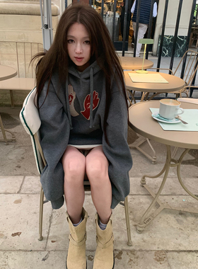 Avocadong 原创重工深灰色手掌爱心刺绣连帽卫衣外套女2025款上衣