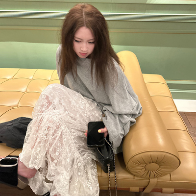 Avocadong 重磅蕾丝刺绣拼接不规则半身裙（含衬裙)春夏高腰长裙