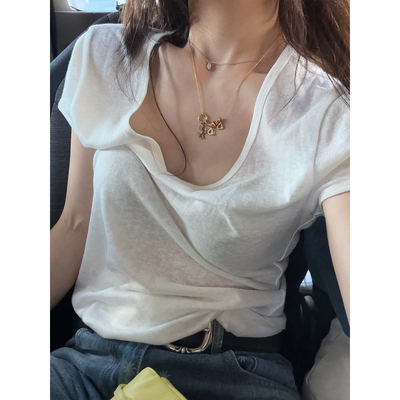 Avocadong薄透chill基础百搭v圆领常规白色卷边短袖T恤女显瘦上衣