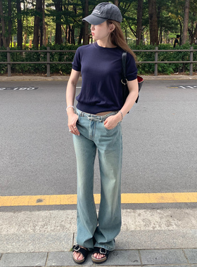 Avocadong r0w基础款大牛面料党藏蓝色针织短袖T恤2025新显瘦上衣