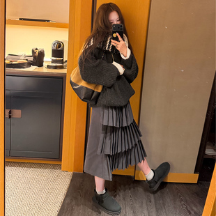 Avocadong 百搭秋冬搭配神器灰色蛋糕百褶半身裙女秋冬显瘦A字裙