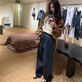 女秋宽松直筒阔腿长裤 Avocadong 原创粉色爱心骨头刺绣深蓝牛仔裤